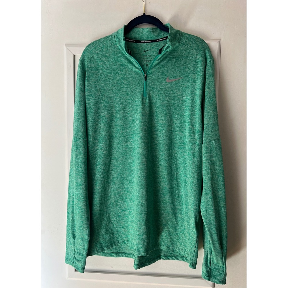 Nike Running Dri-FIT Mens L Green Heathered 1/4 Zip Pullover Thumbholes 46x28